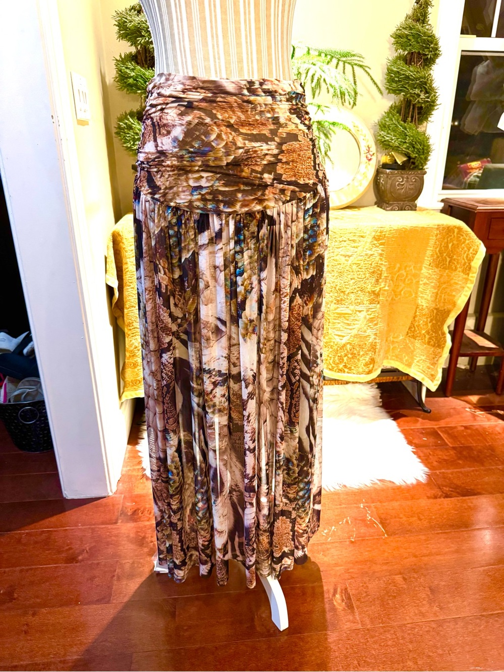 AFRM Brown Multi-Print Pleated Sheer Mesh Maxi Skirt